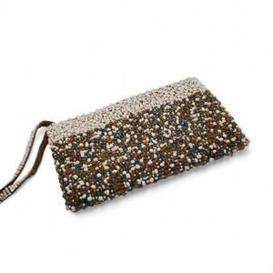 Vintage beaded clutch bag turquoise, cream, dark blue, amber beads READ